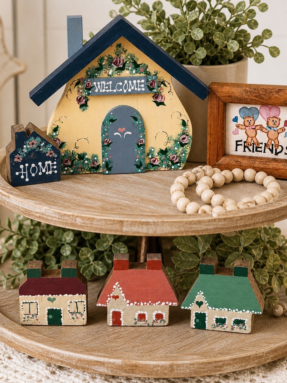 Cottagecore Tiered Tray Decor Set Farmhouse Hand Painted Wooden Shelf Sitters